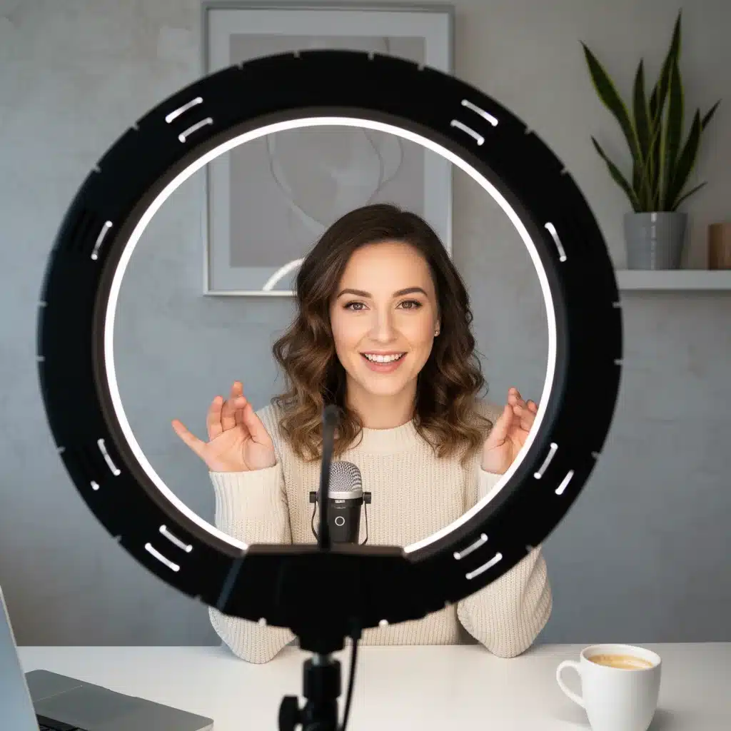Content creator illuminated by a professional ring light for video recording