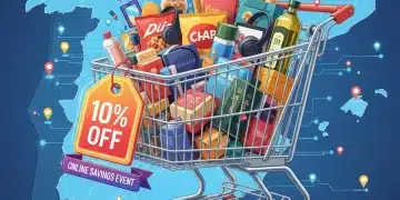 Shopping cart with 10% off tag over a map of Spain, symbolizing online savings.