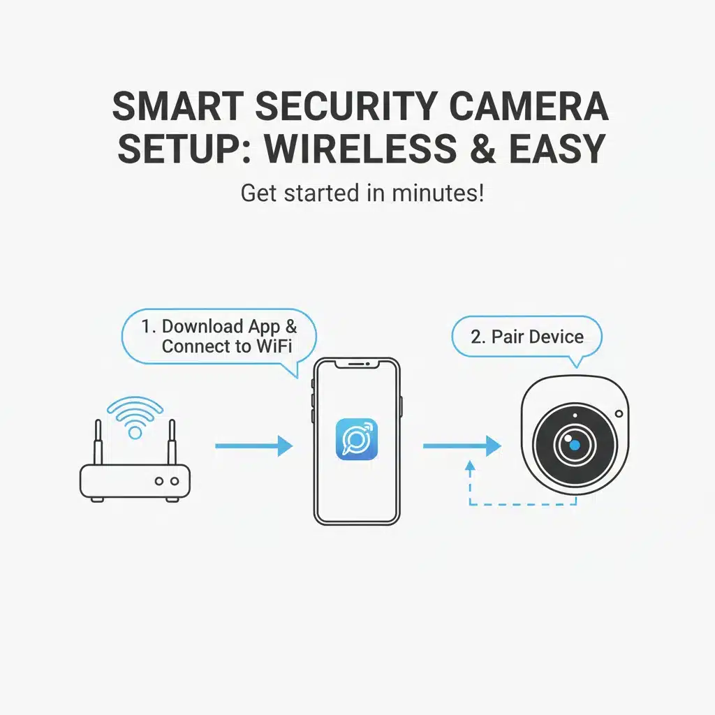 Diagram illustrating easy setup process for a smart home security camera.