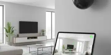 Smart home surveillance camera with AI detection in a modern Spanish home, under 200 euros.