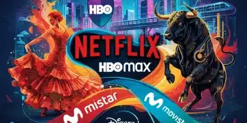 Dynamic collage of streaming service logos and Spanish cultural elements, representing entertainment in Spain 2026.