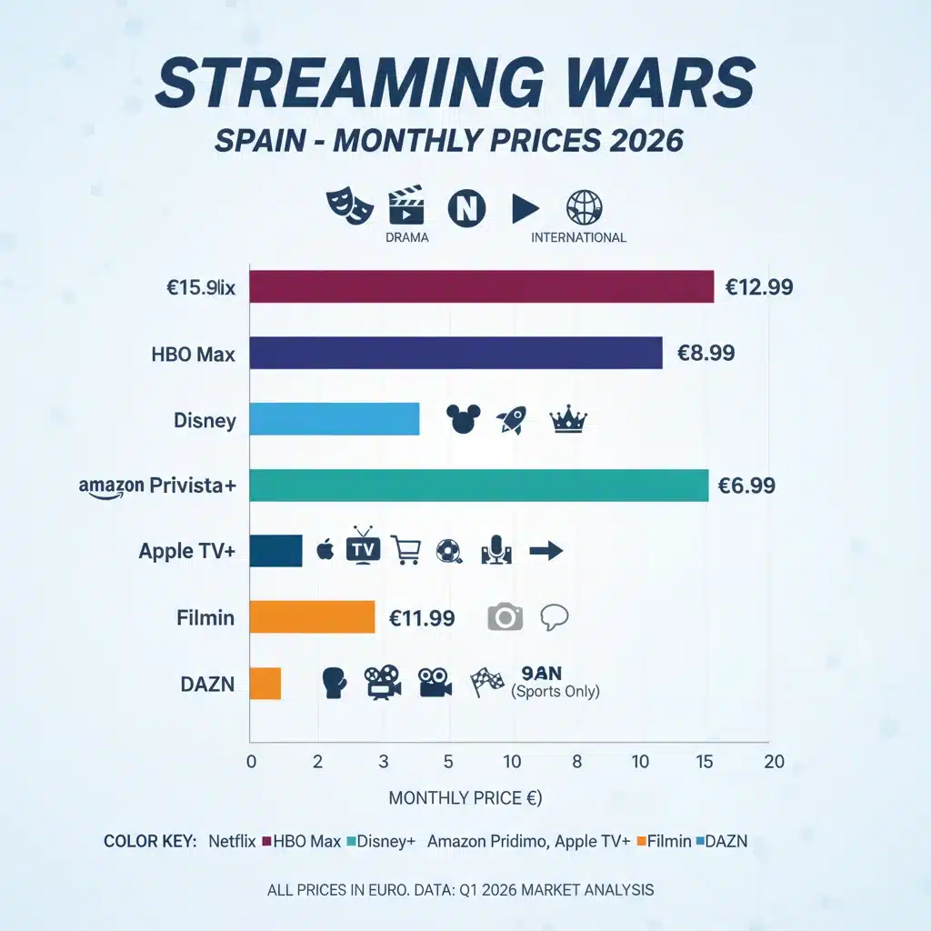 Infographic comparing monthly prices and content genres of streaming services in Spain 2026.