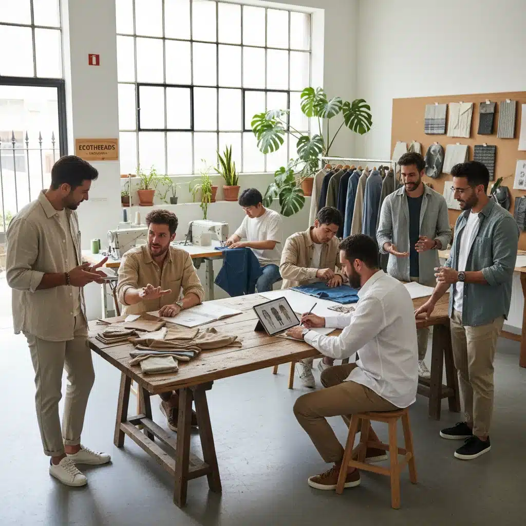 Designers collaborating in a sustainable fashion studio, discussing eco-friendly materials.