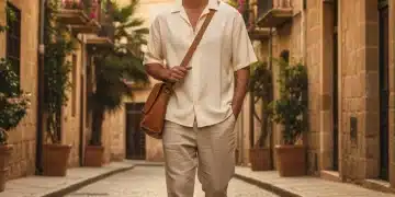 Stylish man in sustainable organic cotton and linen clothing walking in a Spanish city street.