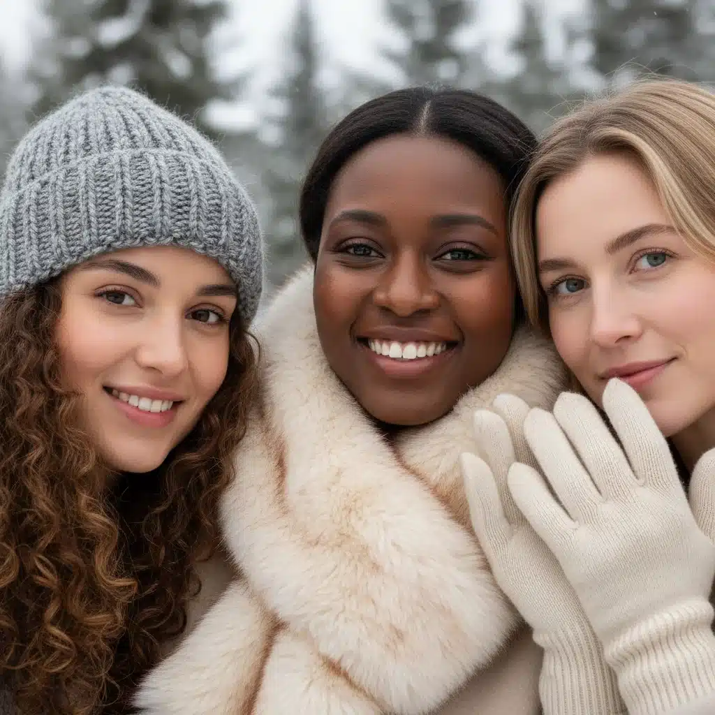 Diverse women showcasing sustainable winter accessories: recycled wool beanie, faux fur scarf, organic cotton gloves.