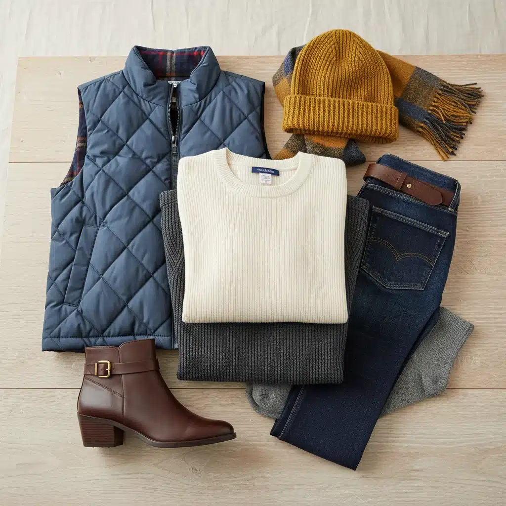 Flat lay of winter layering essentials: cashmere sweater, thermal top, jeans, boots, vest.