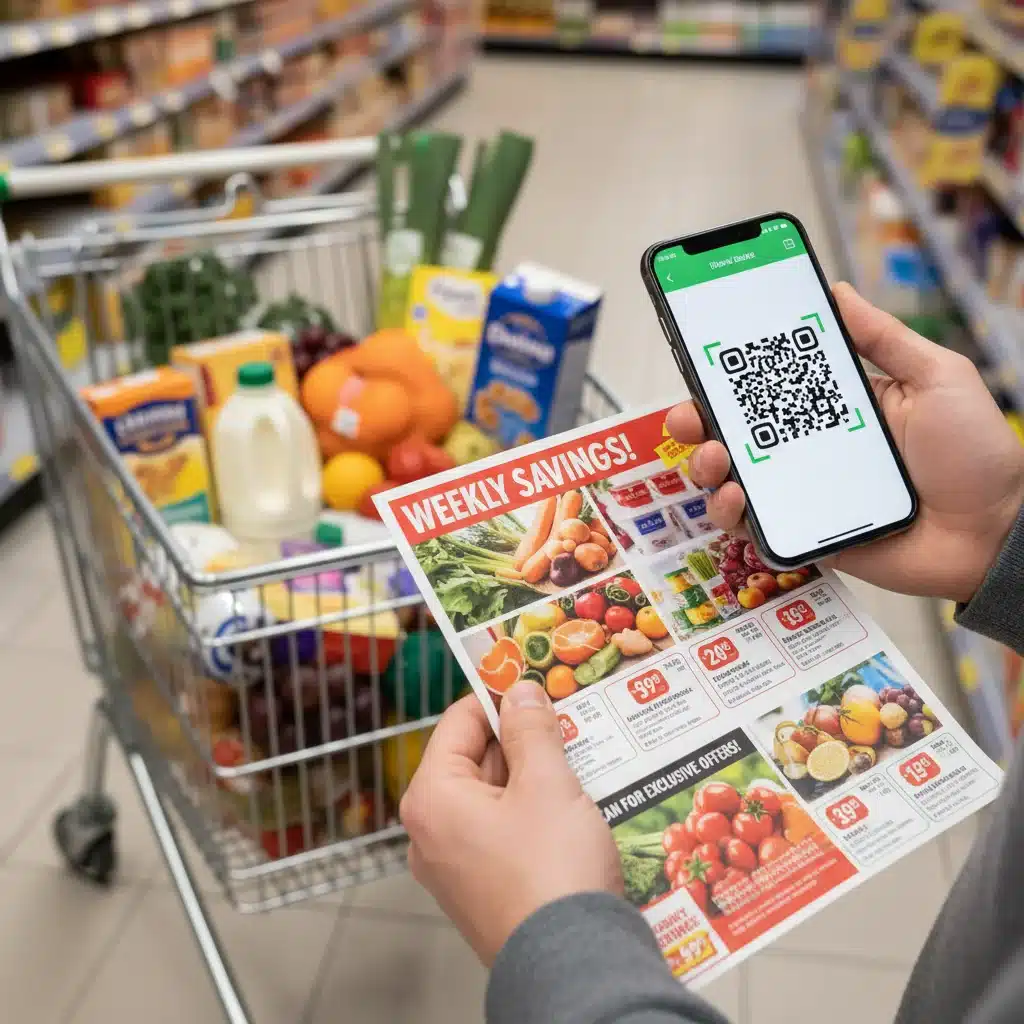 Shopper scanning QR code for supermarket deals on smartphone