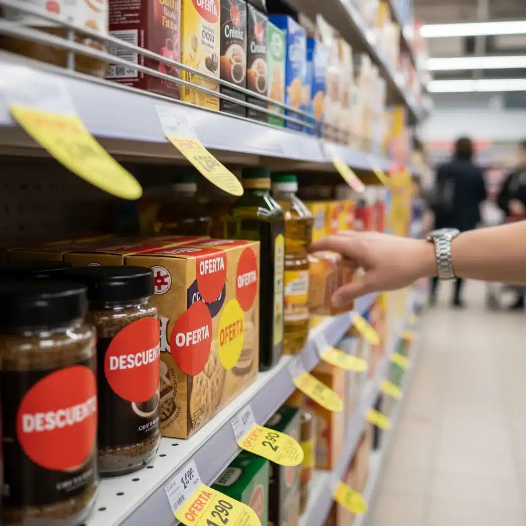 Supermarket shelf with discount stickers and reduced price items