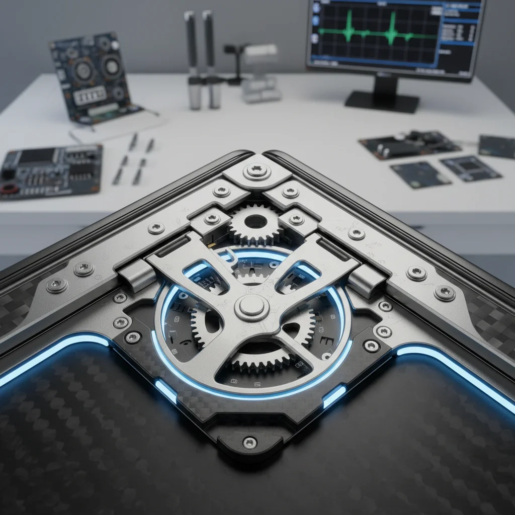 Intricate hinge mechanism of a foldable smartphone, symbolizing engineering complexity and durability.
