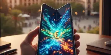 Foldable smartphone half-folded in a Spanish urban setting, representing modern technology and high investment.