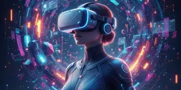 Futuristic VR headset user immersed in digital world