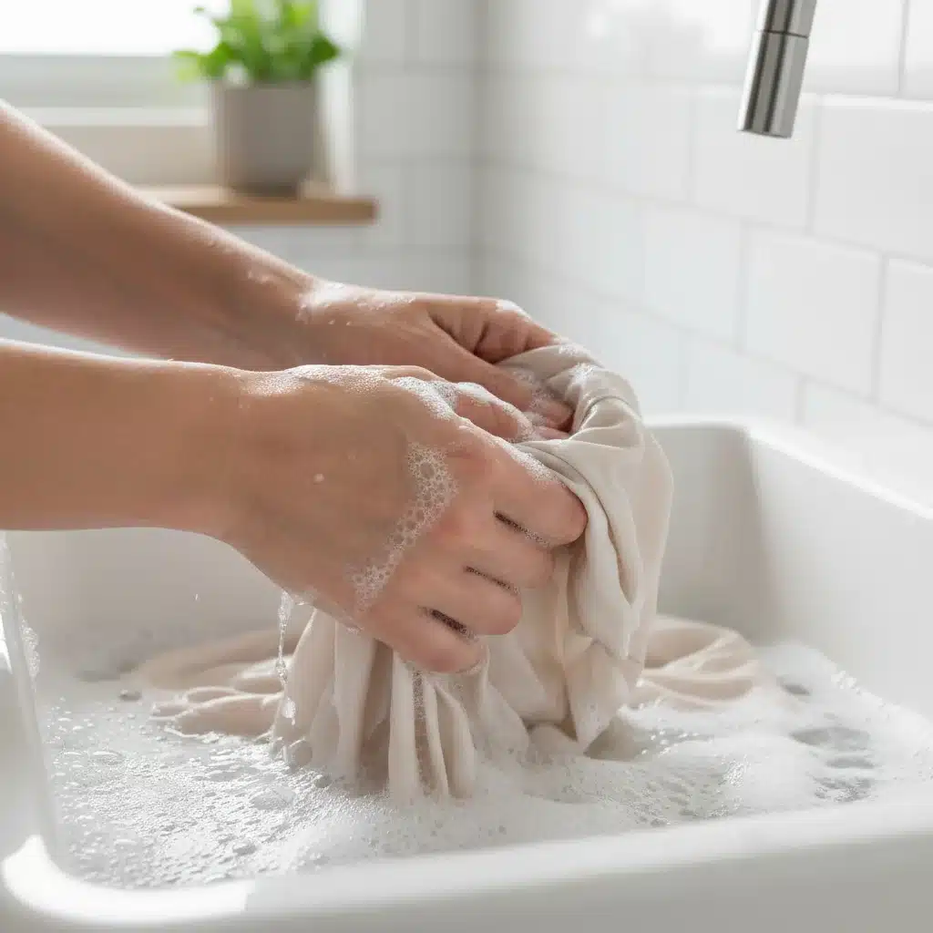 Hands gently hand-washing a delicate silk blouse
