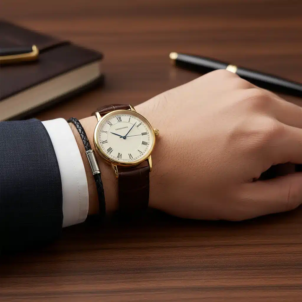 Close-up of a man's wrist with a classic watch and a sophisticated bracelet