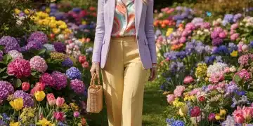 Stylish woman in a vibrant spring outfit, combining trendy colors for 2026.
