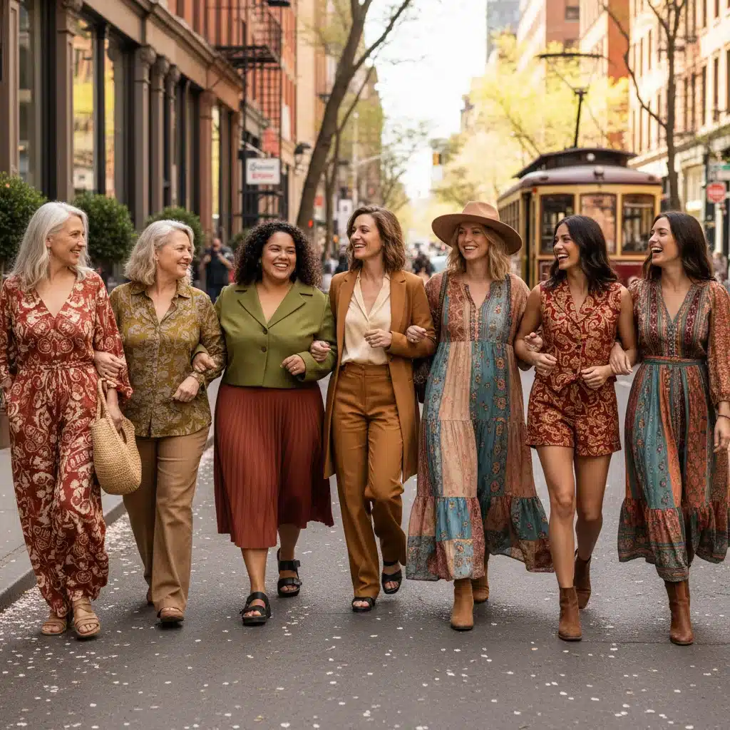 Diverse women showcasing bold and earthy fashion color combinations for Spring 2026.