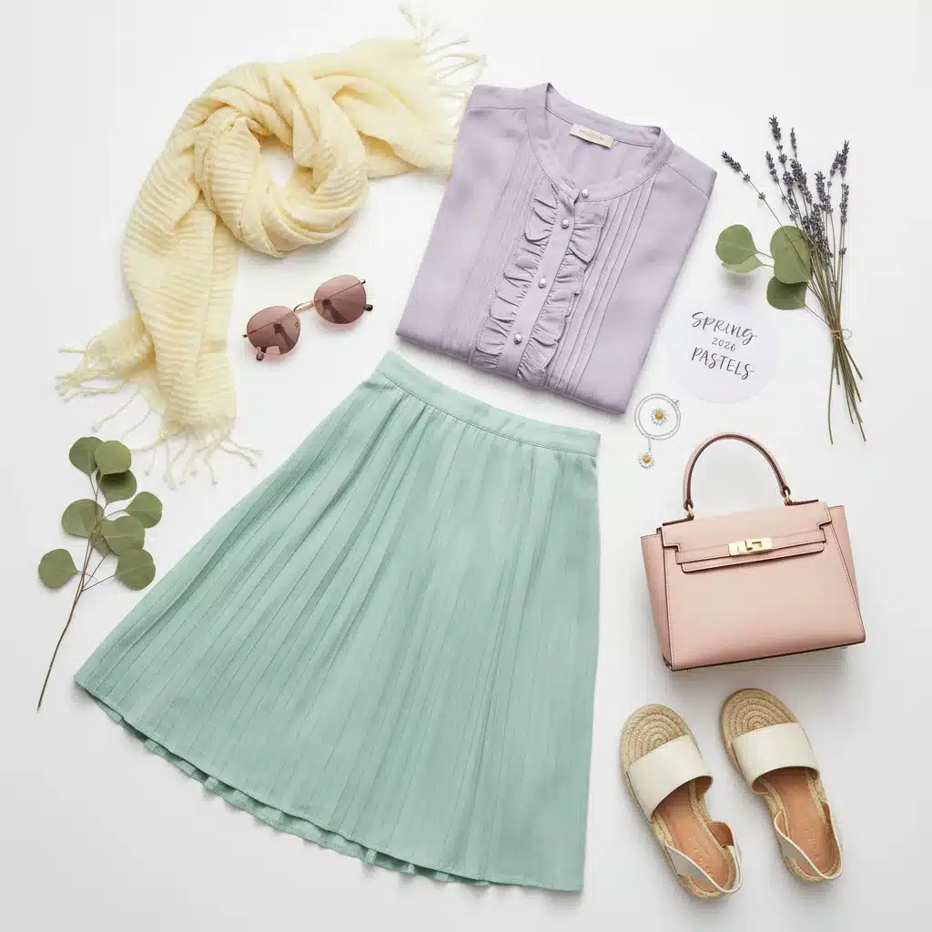 Flat lay of pastel clothing and accessories, key colors for Spring 2026 fashion.