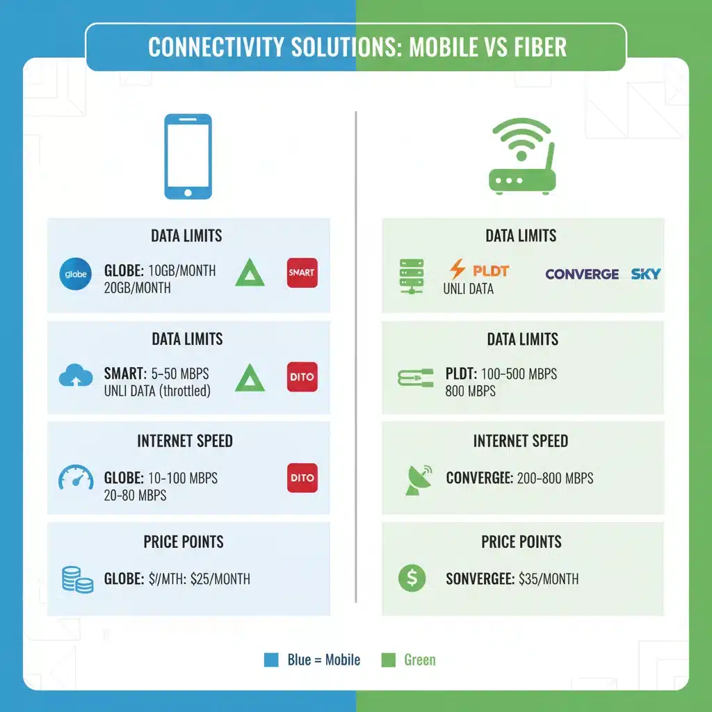 Infographic comparing features and prices of various fiber and mobile plans