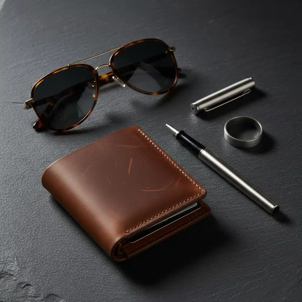 Assortment of premium men's accessories including sunglasses, wallet, and ring