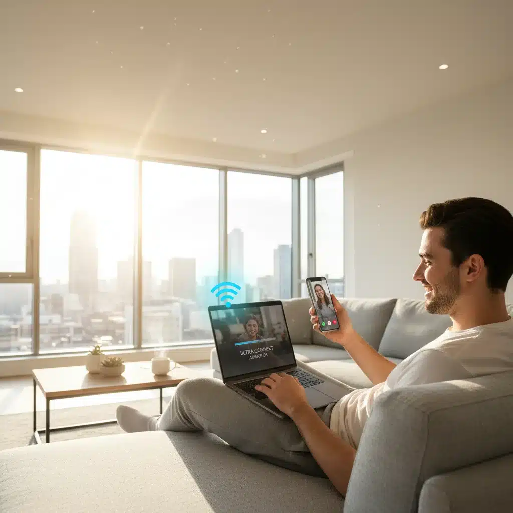 Happy person enjoying high-speed internet and mobile service at home