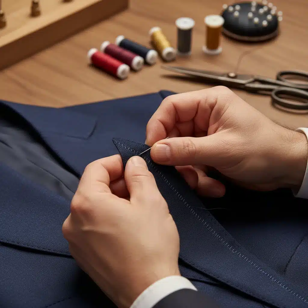 Tailor hands working on suit lapel