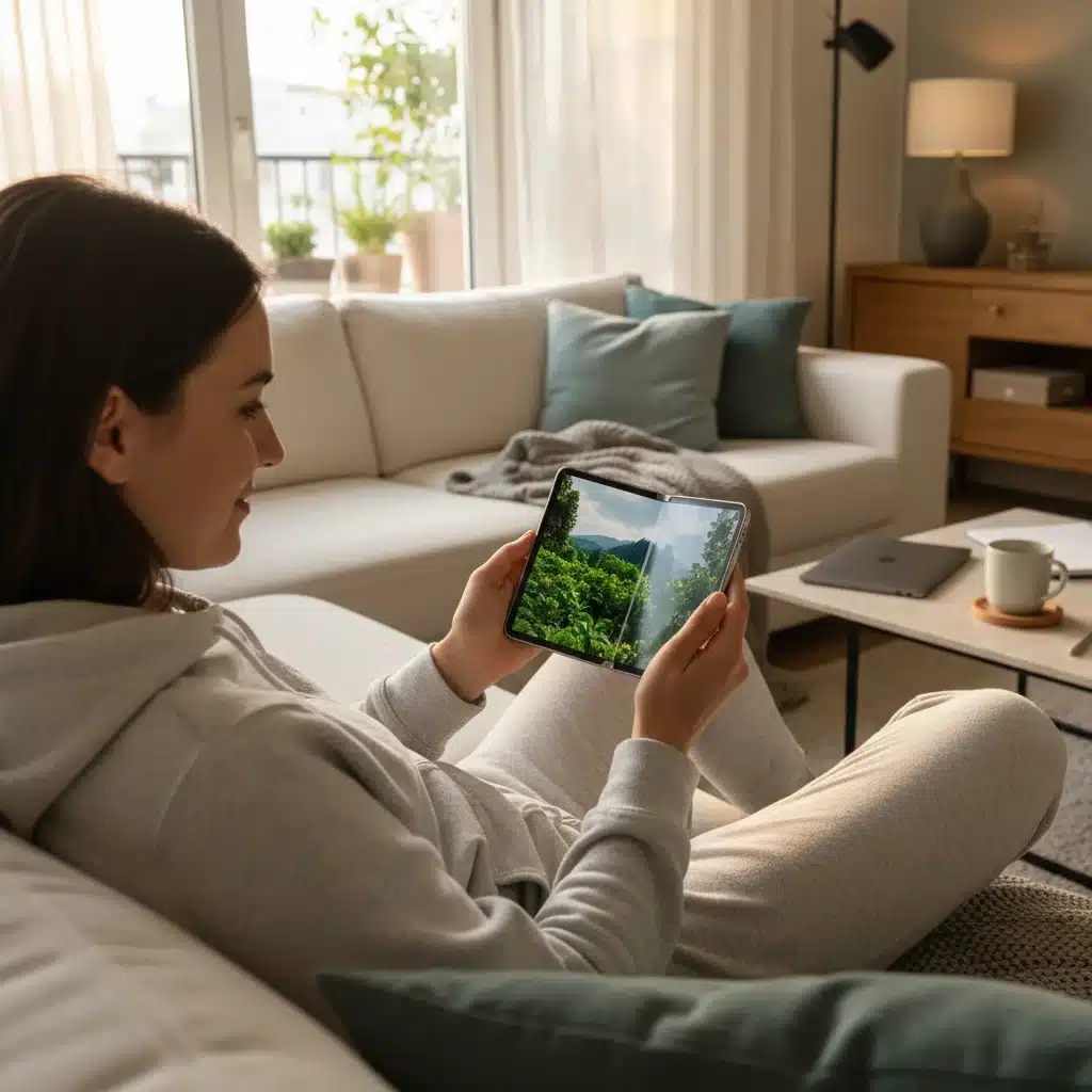 User enjoying content on an unfolded foldable smartphone in a home setting, demonstrating versatility.