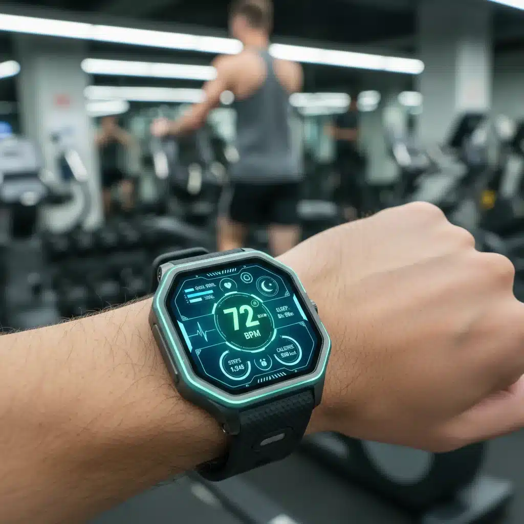 Advanced health tracking smartwatch displaying vital signs and fitness data on a user's wrist.