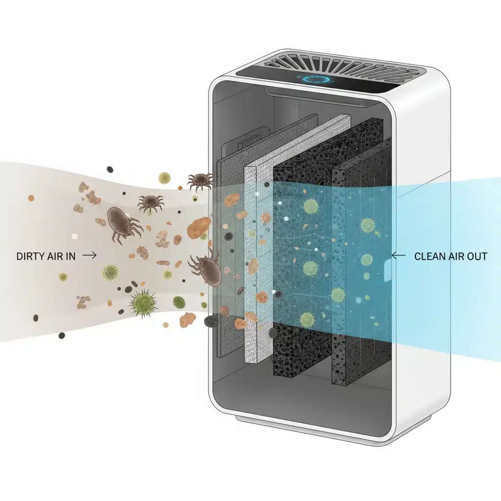 Multi-layer filtration system capturing allergens and pollutants in smart air purifier