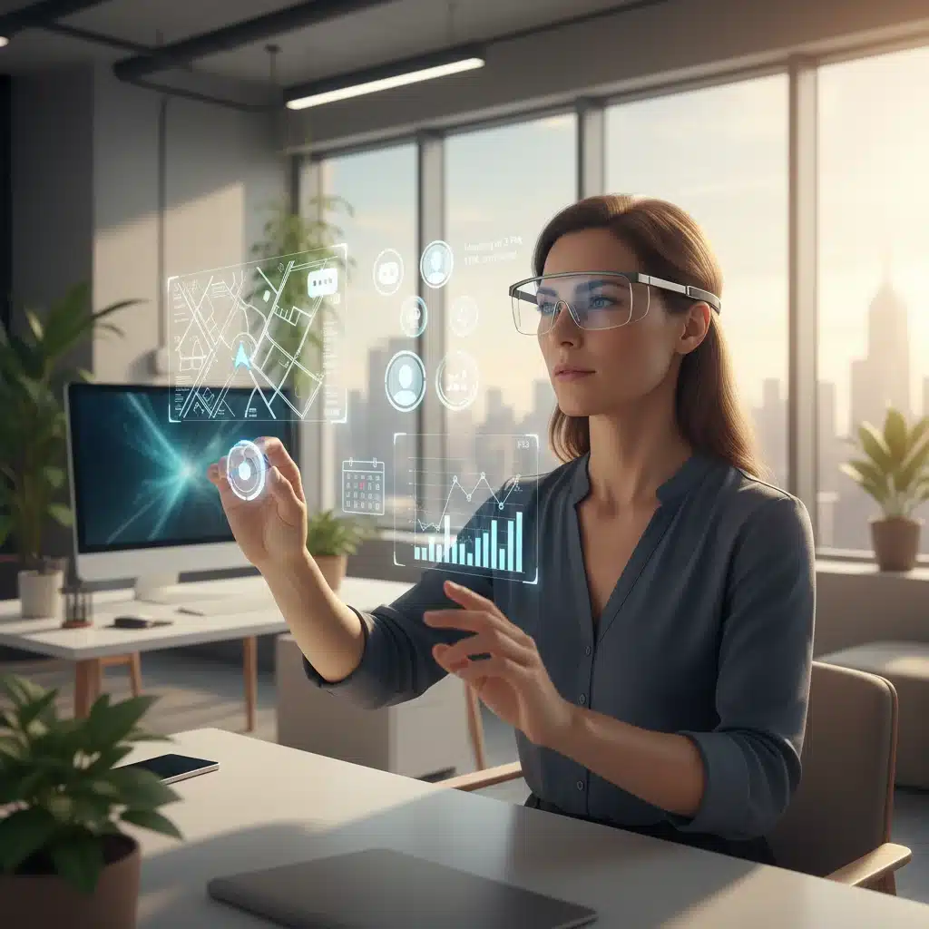 Person wearing advanced augmented reality glasses interacting with virtual interface in a modern office.
