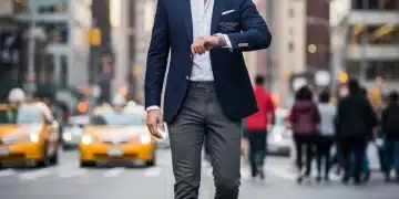 Man in classic navy blazer checking watch, representing smart budget fashion choices.