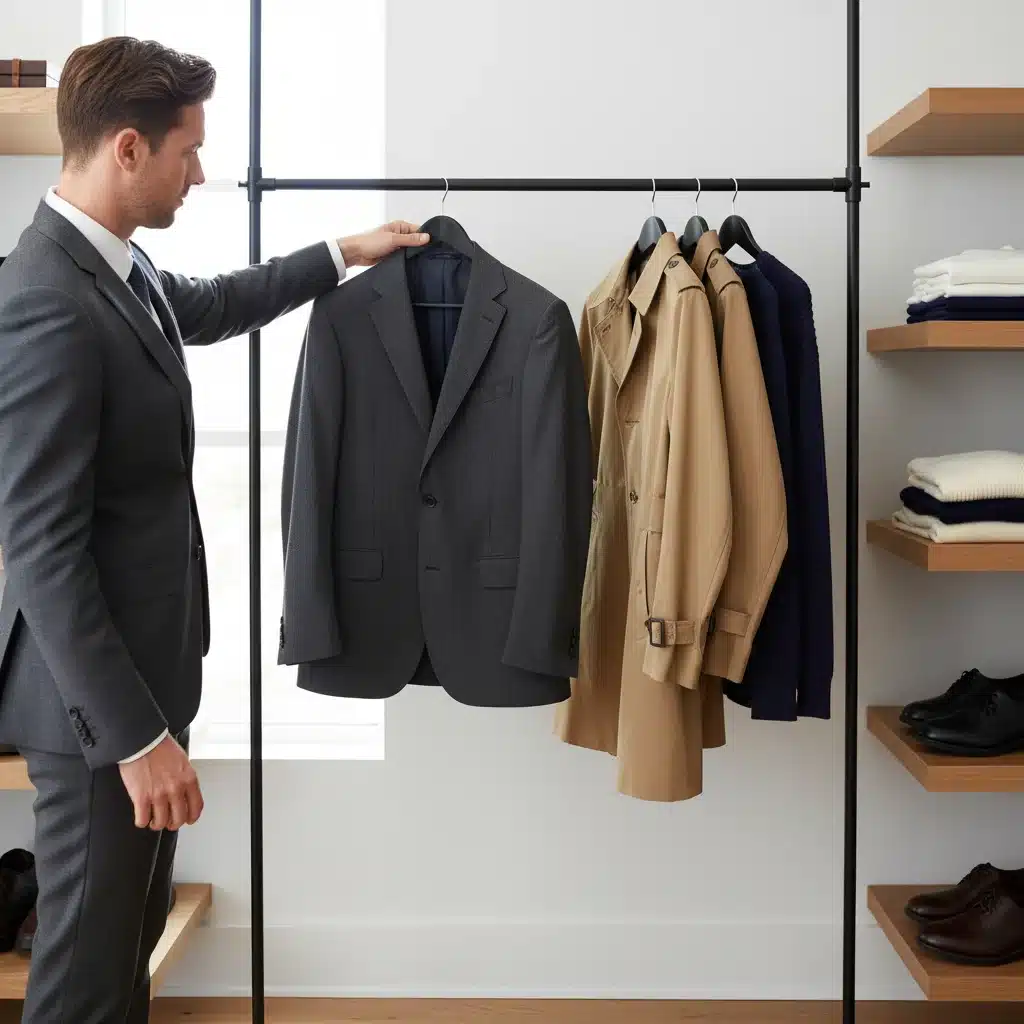 Man choosing a tailored suit jacket from a curated timeless wardrobe