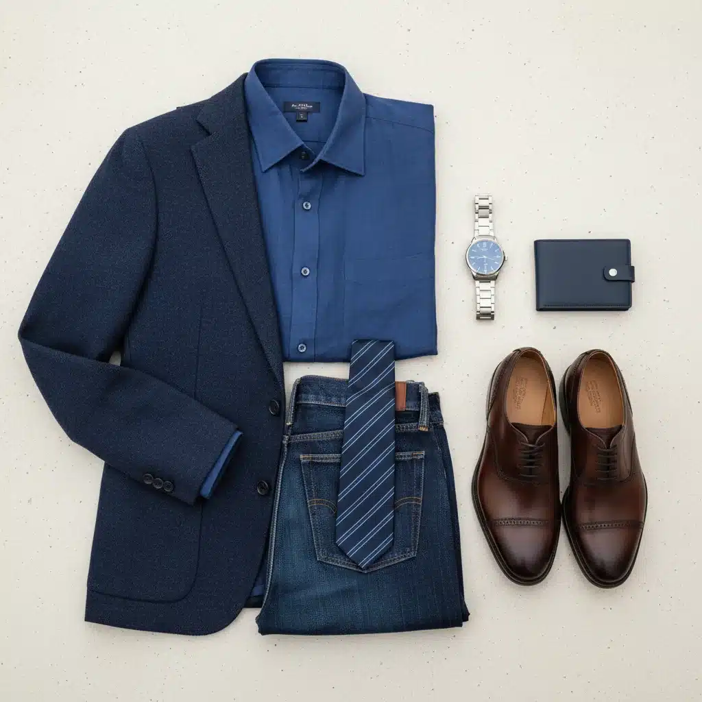 Flat lay of men's clothing and accessories in deep Mediterranean blue