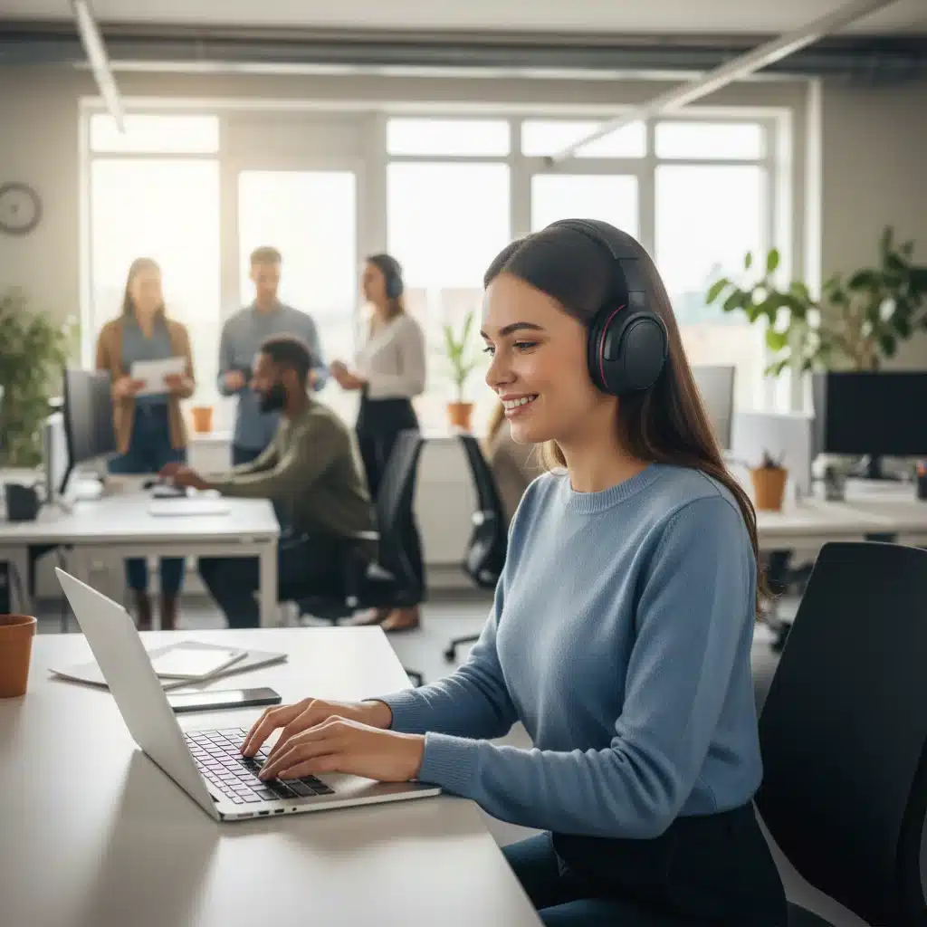 Person wearing noise-canceling headphones focused on work in a busy office.