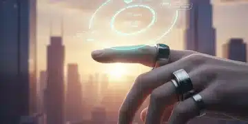 Futuristic smart rings displaying holographic health data on a hand in a modern city setting.