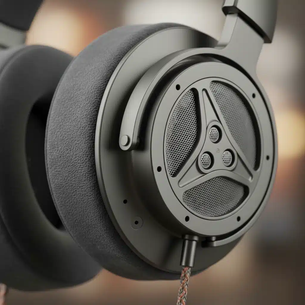 Close-up of a noise-canceling headphone's ear cup, showing plush padding and microphone detail.