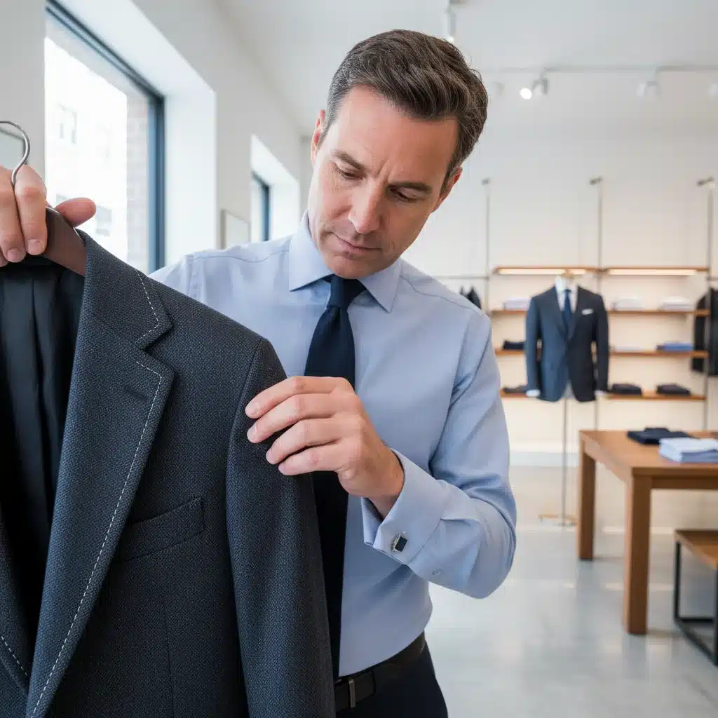 Man examining fabric and stitching of a suit jacket, emphasizing quality assessment.