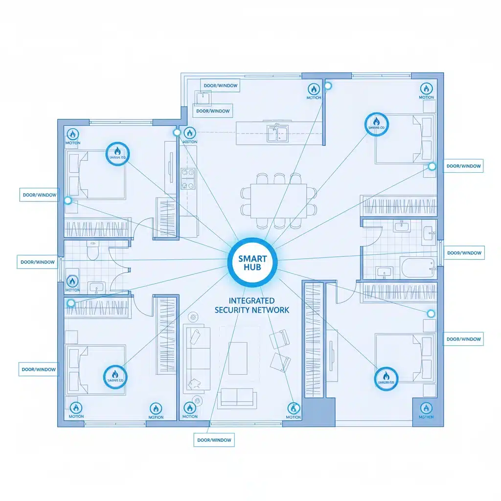 Diagram of integrated smart home security sensors on a floor plan