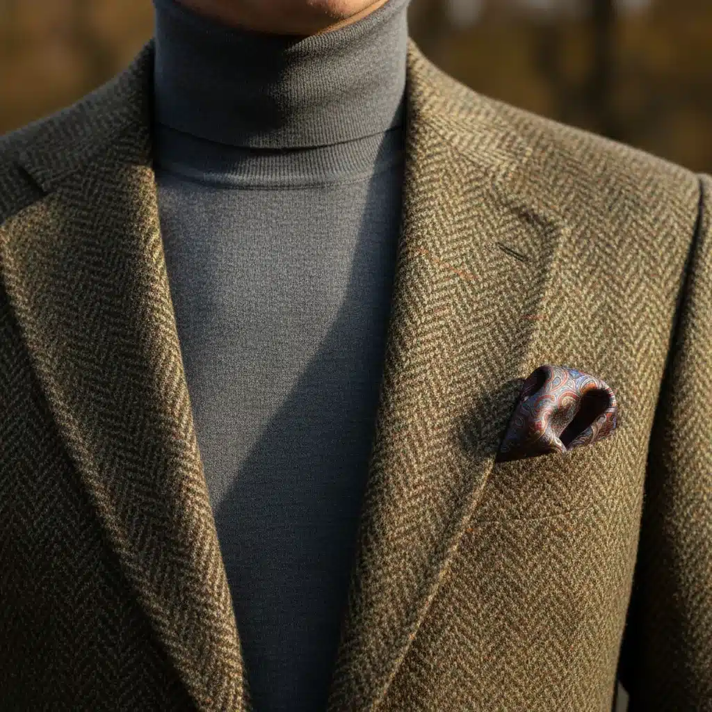 Close-up of layered men's outfit, highlighting wool and tweed textures.