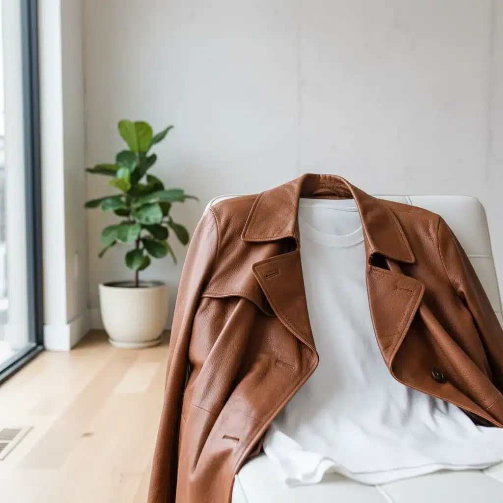 High-quality leather trench coat draped over a chair, symbolizing durable and versatile outerwear investment.