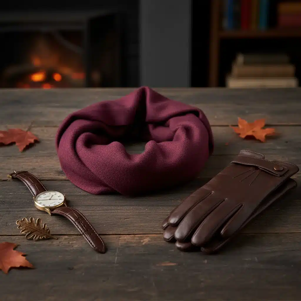 Elegant men's fall accessories: cashmere scarf, leather gloves, vintage watch, lapel pin.