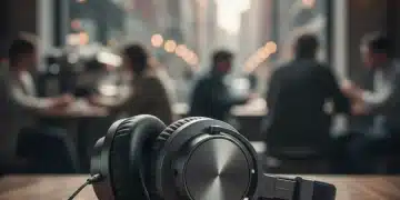 Modern noise-canceling headphones on a desk in a busy cafe setting, emphasizing quiet listening.