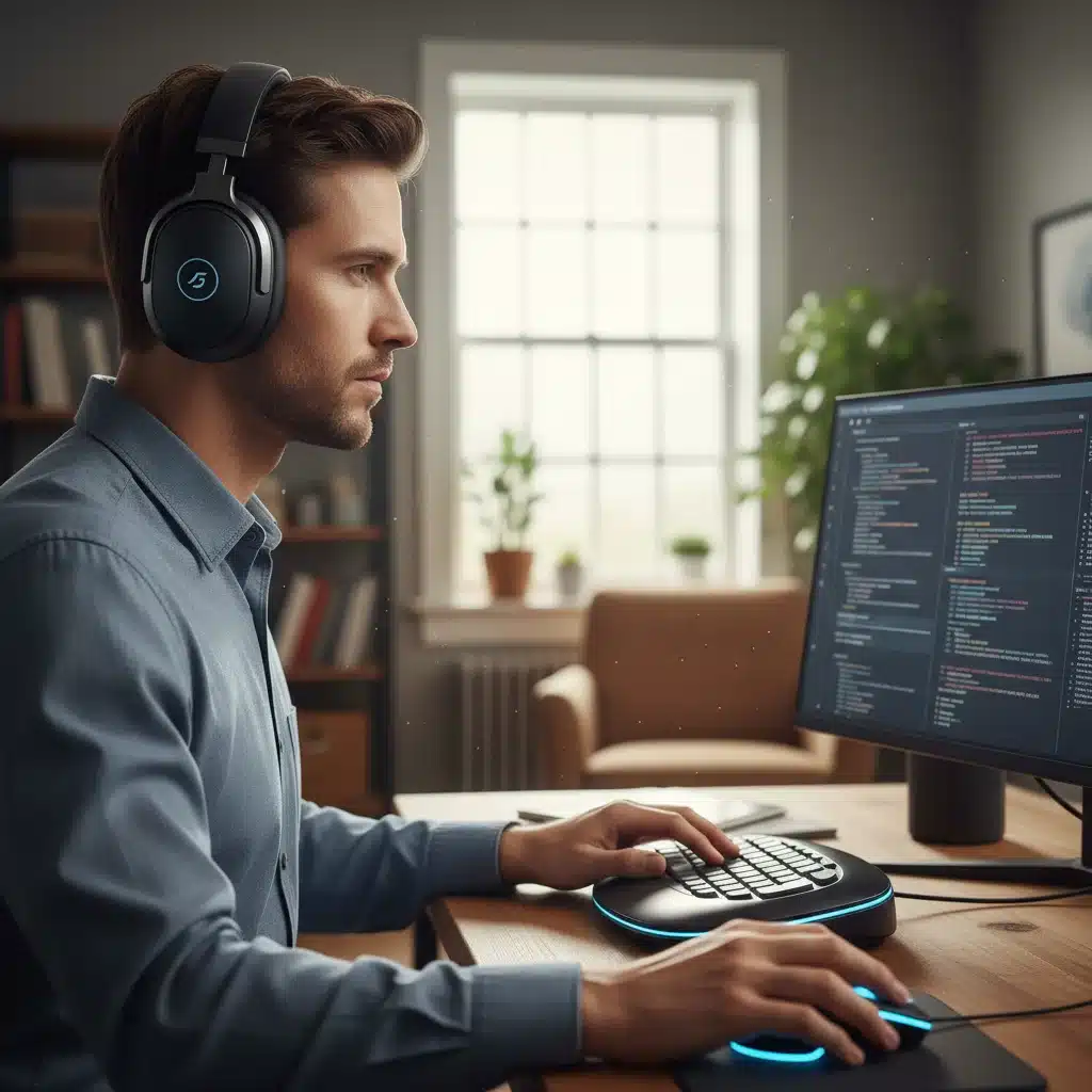 Person focused with noise-canceling headphones in home office
