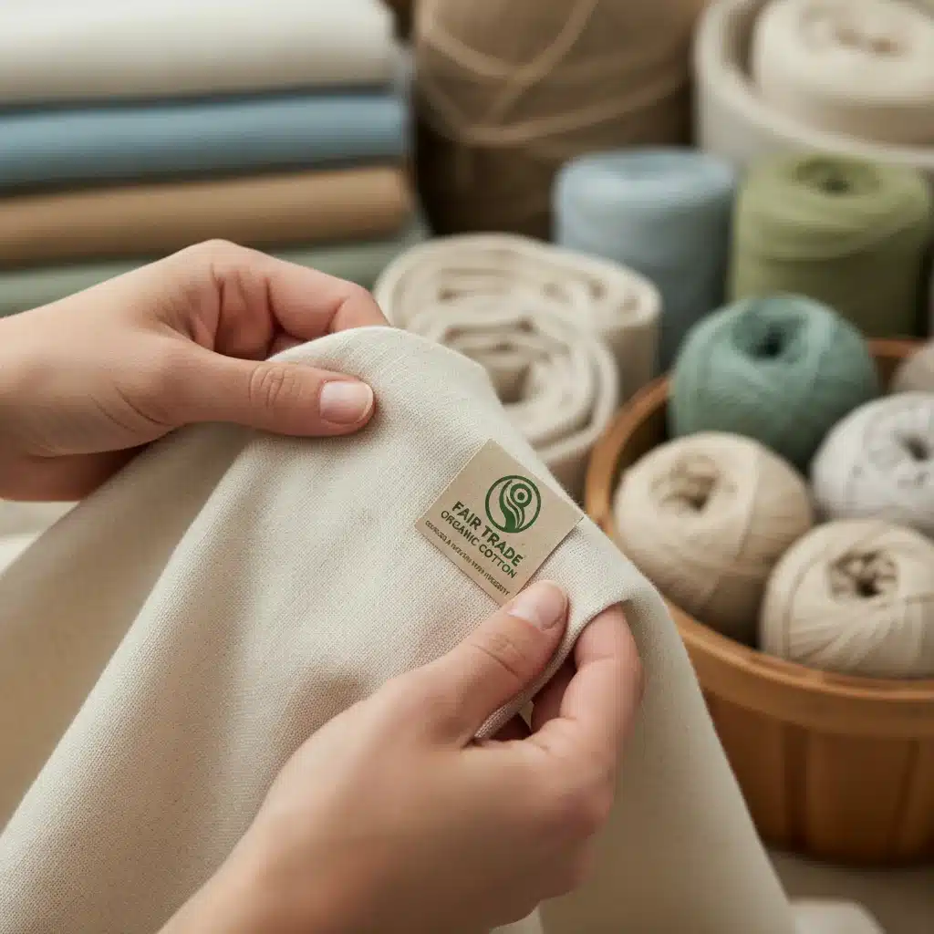 Hands inspecting organic cotton fabric with a fair trade tag.