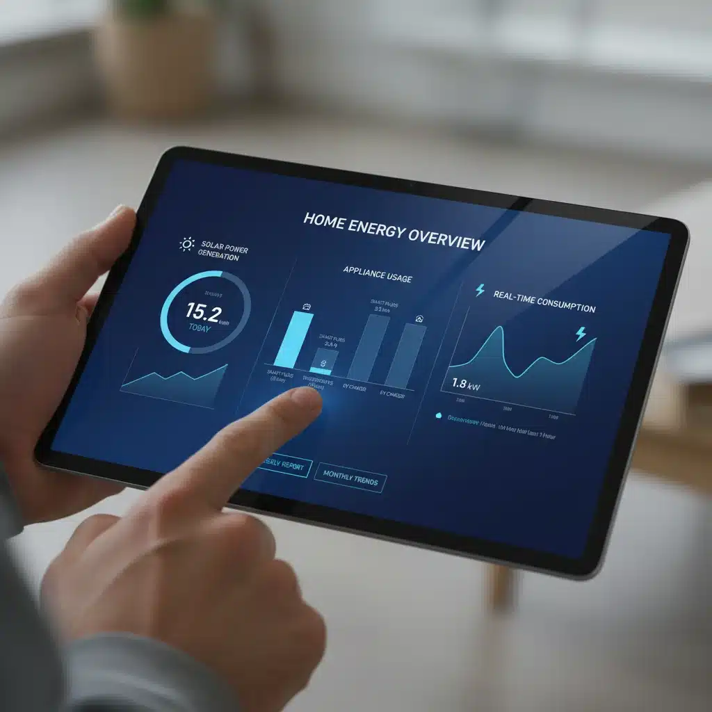Smart home energy management system dashboard showing real-time consumption.