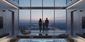 Futuristic smart home security system interface with family silhouette