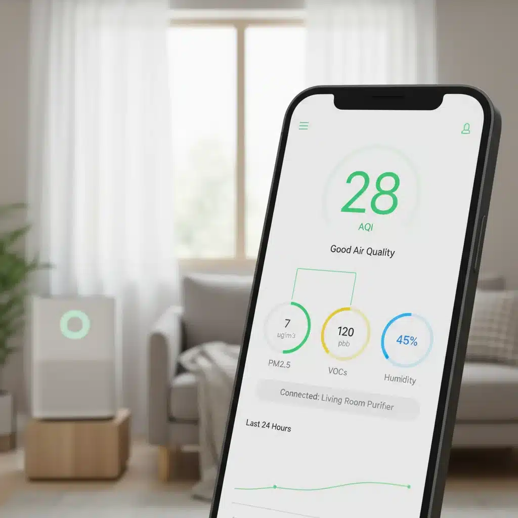 Smartphone app controlling smart air purifier settings and monitoring air quality