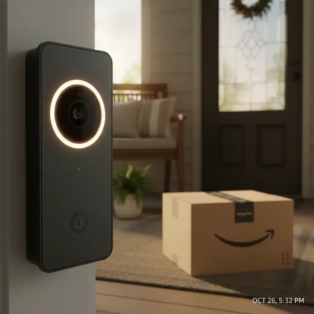 Smart video doorbell capturing package delivery on a modern porch