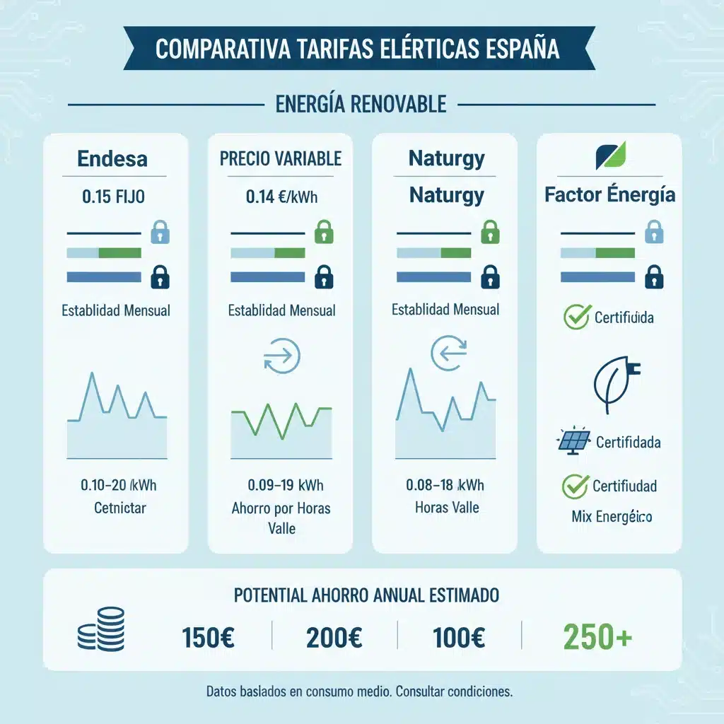 Infographic comparing various Spanish electricity tariffs and commercial offers.