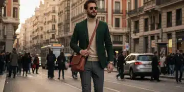 Stylish man in trendy 2026 Spanish fashion colors walking in Madrid