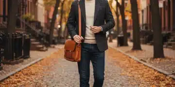 Stylish man in layered fall outfit walking on an autumnal city street.