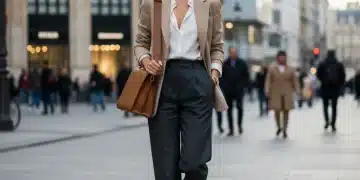 Stylish woman wearing a classic blazer, white shirt, and tailored trousers, embodying timeless fashion and smart investment.